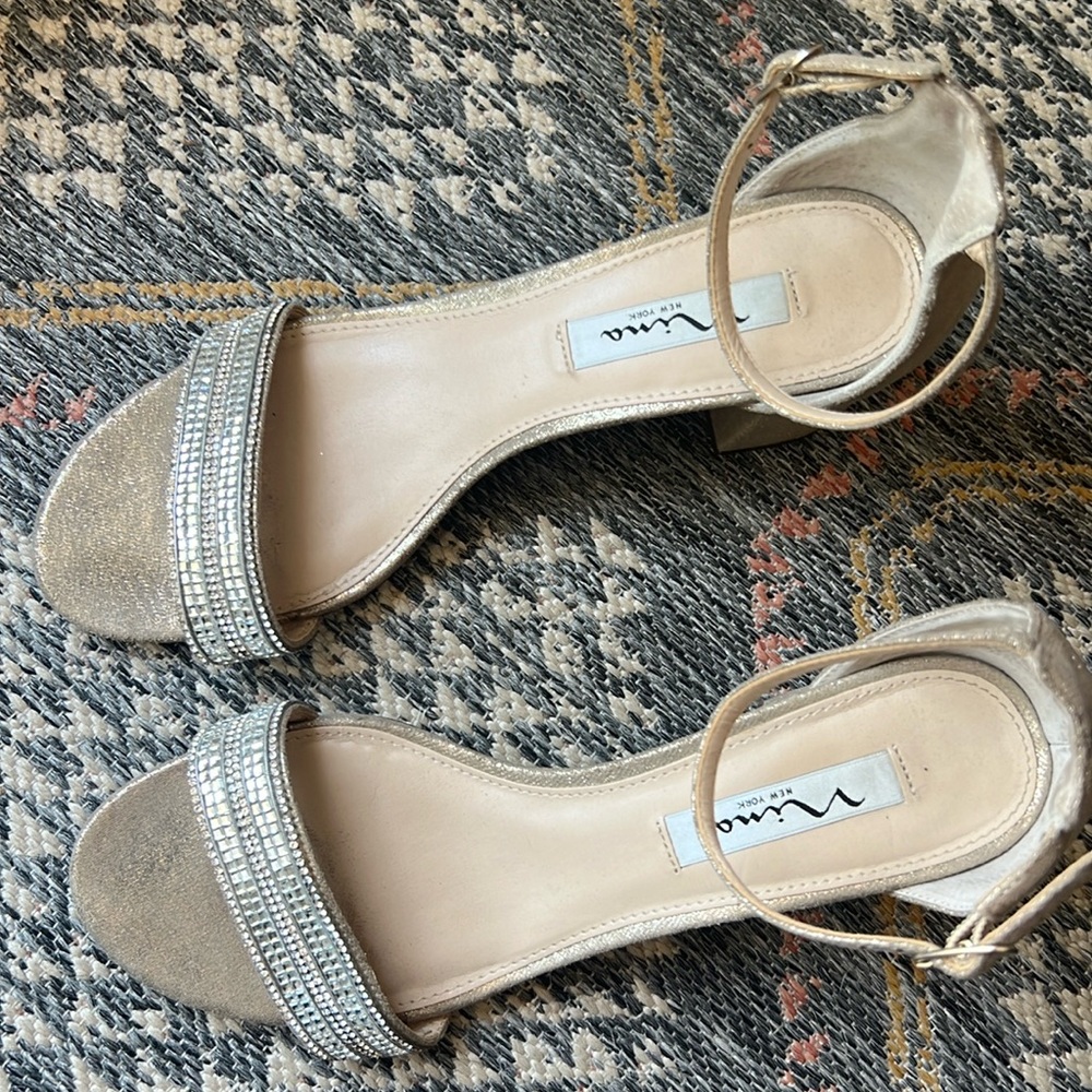 Beautiful champagne evening block heels, wore once to a wedding